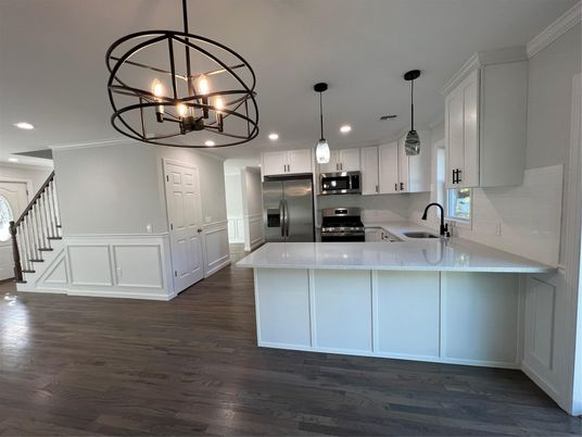 Chandelier, Interior, Kitchen, Pendant Lights, Recessed Lighting, Stainless Steel Appliances, Wood Texture Flooring