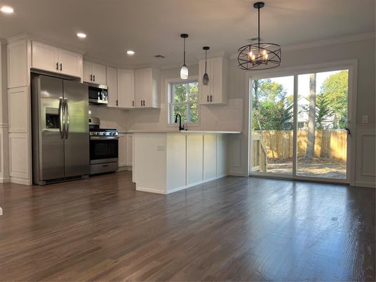 Interior, Kitchen, Pendant Lights, Recessed Lighting, Stainless Steel Appliances, Wood Texture Flooring