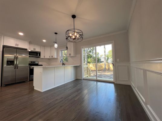 Chandelier, Interior, Kitchen, Pendant Lights, Recessed Lighting, Stainless Steel Appliances, Wood Texture Flooring