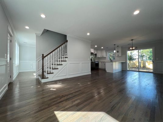 Empty room, Interior, Kitchen, Pendant Lights, Recessed Lighting, Wood Texture Flooring
