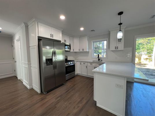 Interior, Kitchen, Pendant Lights, Recessed Lighting, Stainless Steel Appliances, Wood Texture Flooring