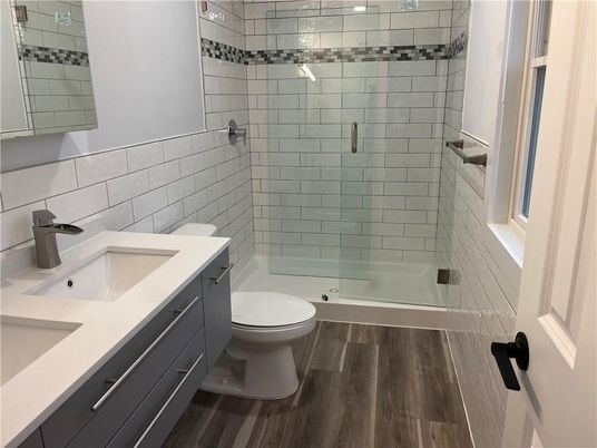 Bathroom, Glass Shower, Interior, Wood Texture Flooring