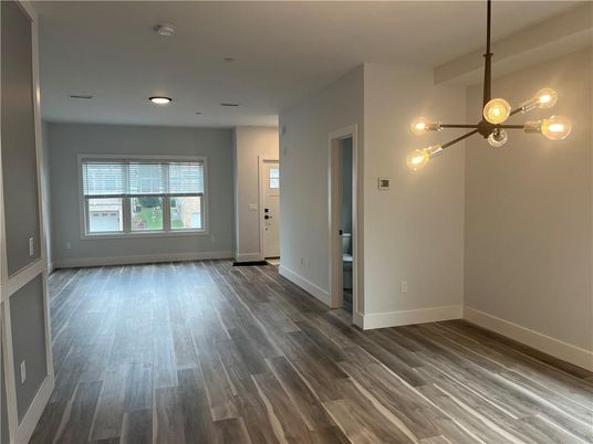 Empty room, Interior, Pendant Lights, Recessed Lighting, Wood Texture Flooring