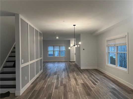 Empty room, Interior, Pendant Lights, Recessed Lighting, Wood Texture Flooring