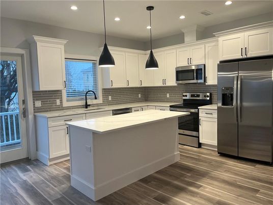 Interior, Kitchen, Pendant Lights, Recessed Lighting, Stainless Steel Appliances, Wood Texture Flooring