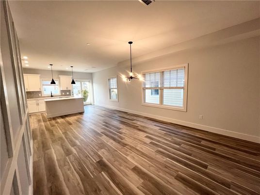 Empty room, Interior, Kitchen, Pendant Lights, Recessed Lighting, Wood Texture Flooring