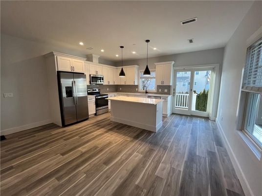 Interior, Kitchen, Pendant Lights, Recessed Lighting, Stainless Steel Appliances, Wood Texture Flooring