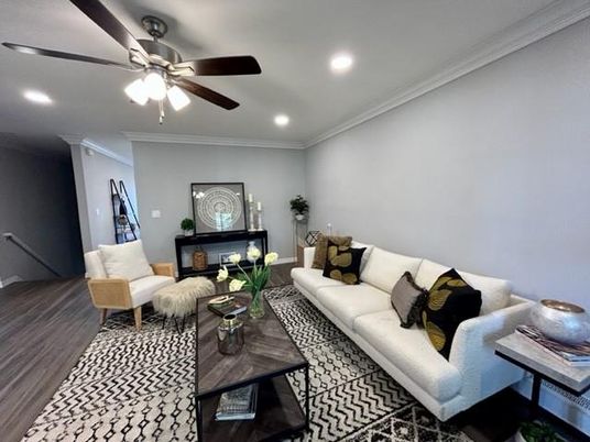 Fireplace, Interior, Living room, Recessed Lighting, Wood Texture Flooring