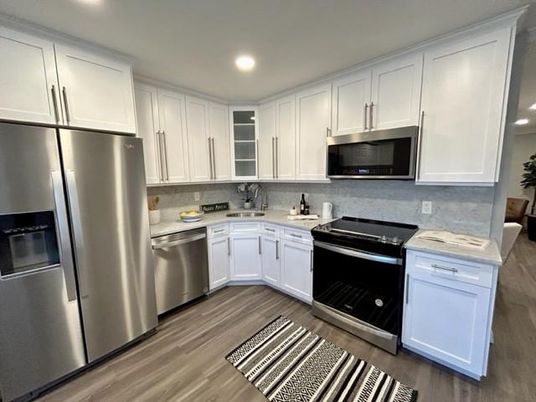 Interior, Kitchen, Recessed Lighting, Stainless Steel Appliances, Wood Texture Flooring