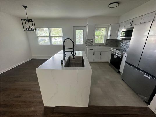 Interior, Kitchen, Pendant Lights, Wood Texture Flooring