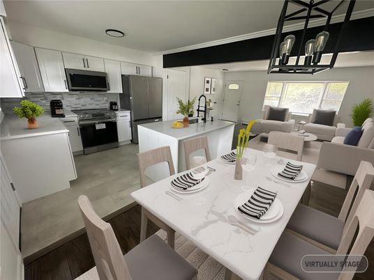 Dining room, Interior, Kitchen, Living room, Pendant Lights, Stainless Steel Appliances, Wood Texture Flooring