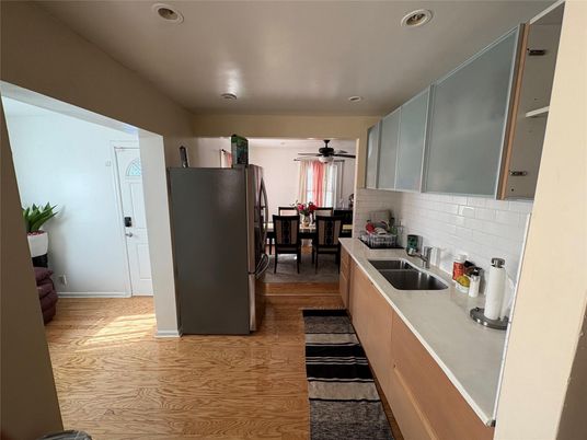 Dining room, Interior, Kitchen, Recessed Lighting, Wood Texture Flooring