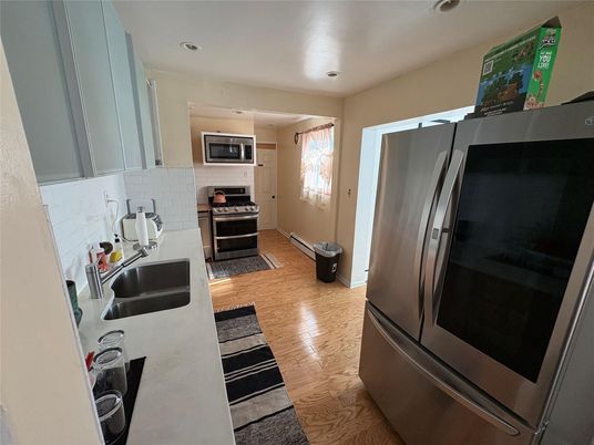 Interior, Kitchen, Recessed Lighting, Stainless Steel Appliances, Wood Texture Flooring