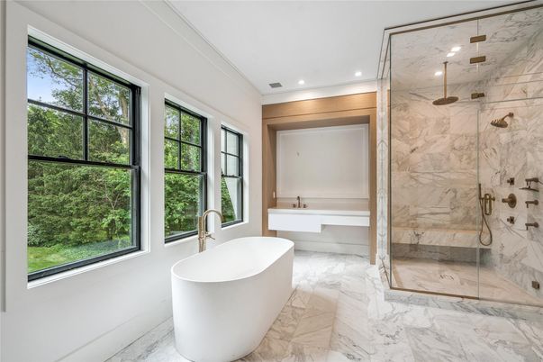 Bathroom, Free Standing Baths, Glass Shower, Interior, Marble, Marble Walls, Recessed Lighting