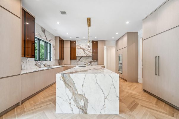 Interior, Kitchen, Marble Walls, Pendant Lights, Recessed Lighting, Wood Texture Flooring