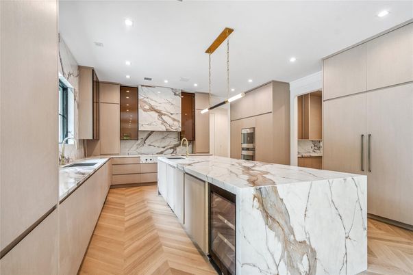 Interior, Kitchen, Marble Walls, Pendant Lights, Recessed Lighting, Stainless Steel Appliances, Wood Texture Flooring