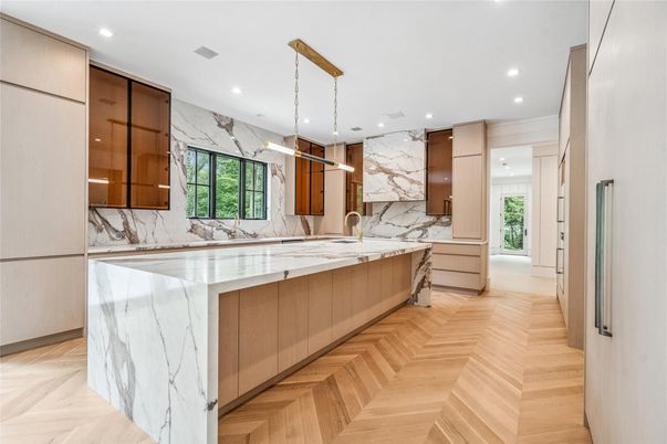 Interior, Kitchen, Marble Walls, Pendant Lights, Recessed Lighting, Wood Texture Flooring