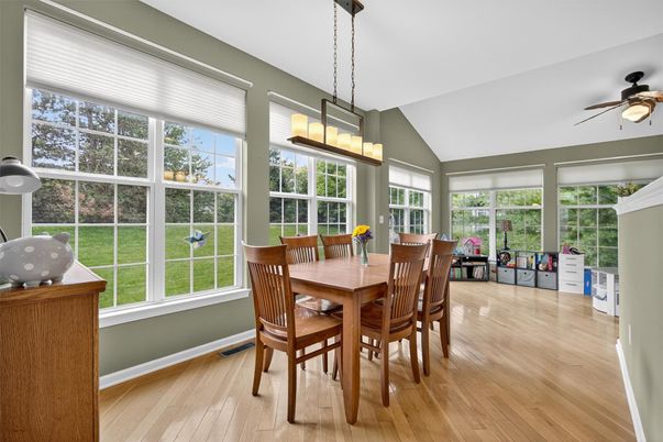 Dining room, Interior, Pendant Lights, Sun Room, Wood Texture Flooring