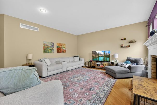 Fireplace, Interior, Living room, Recessed Lighting, Wood Texture Flooring