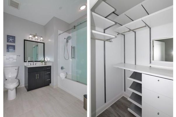 Bathroom, Dual Sink Vanities, Glass Shower, Interior, Recessed Lighting, Wood Texture Flooring