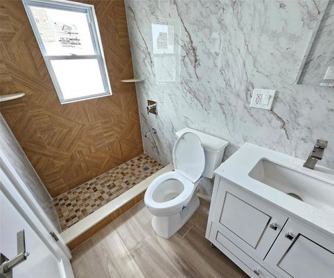 Bathroom, Interior, Marble Walls, Wood Texture Flooring