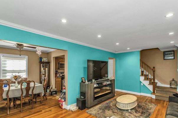 Dining room, Interior, Recessed Lighting, Wood Texture Flooring