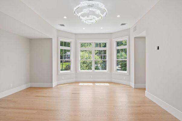 Chandelier, Empty room, Interior, Recessed Lighting, Wood Texture Flooring