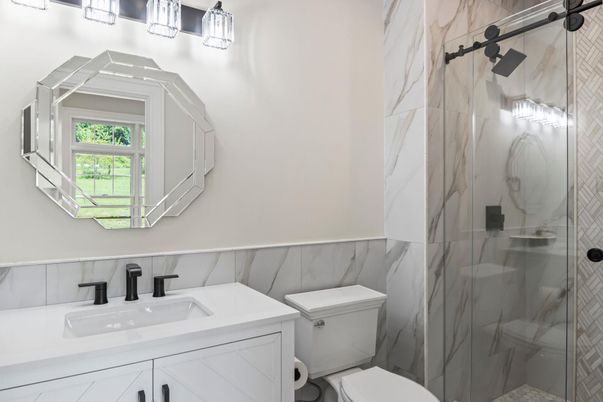 Bathroom, Glass Shower, Interior, Marble Walls
