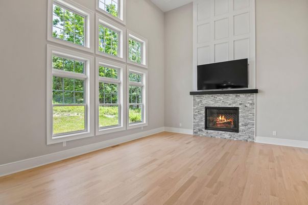 Empty room, Fireplace, Interior, Recessed Lighting, Wood Texture Flooring