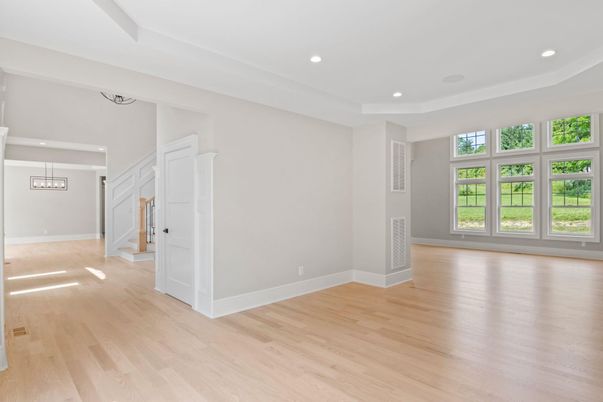 Empty room, Interior, Pendant Lights, Recessed Lighting, Wood Texture Flooring