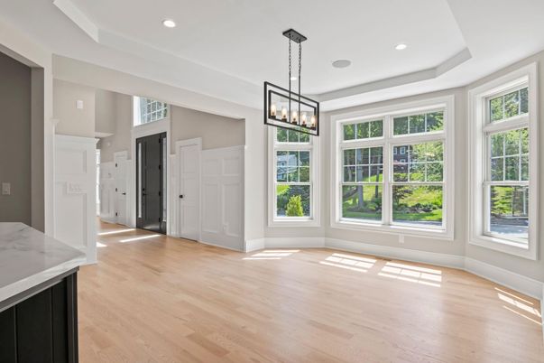Chandelier, Empty room, Interior, Pendant Lights, Recessed Lighting, Wood Texture Flooring