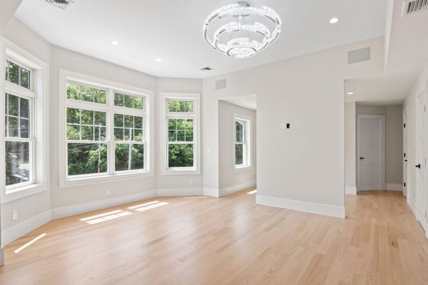 Chandelier, Empty room, Interior, Recessed Lighting, Wood Texture Flooring