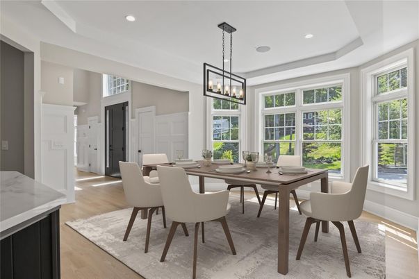 Chandelier, Dining room, Interior, Pendant Lights, Recessed Lighting, Wood Texture Flooring