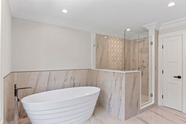 Bathroom, Free Standing Baths, Glass Shower, Interior, Marble, Marble Walls, Recessed Lighting