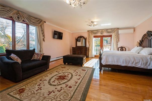 Bedroom, Chandelier, Interior, Wood Texture Flooring