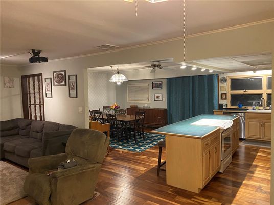 Dining room, Interior, Kitchen, Living room, Pendant Lights, Wood Texture Flooring