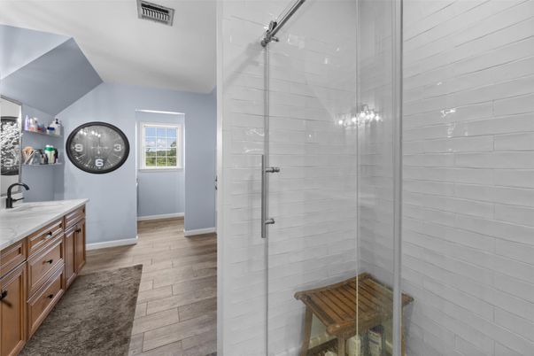 Bathroom, Glass Shower, Interior, Wood Texture Flooring