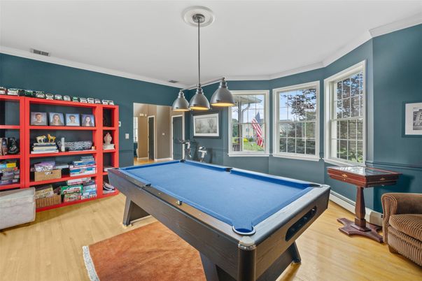 Billiard Table, Chandelier, Game Room, Interior, Pendant Lights, Wood Texture Flooring