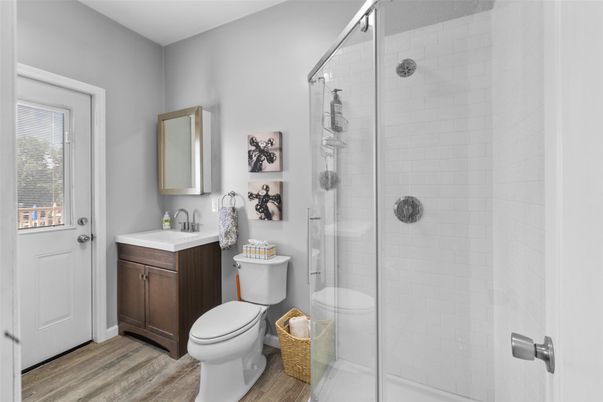 Bathroom, Glass Shower, Interior, Wood Texture Flooring