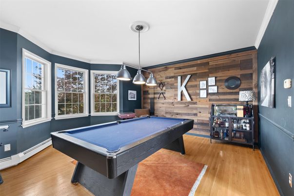 Billiard Table, Game Room, Interior, Pendant Lights, Wood Texture Flooring, Wooden Walls