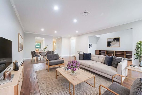 Dining room, Interior, Living room, Recessed Lighting, Wood Texture Flooring