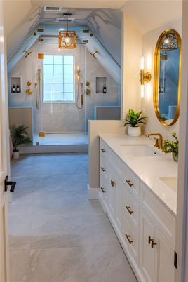 Bathroom, Dual Sink Vanities, Glass Shower, Interior, Marble Walls