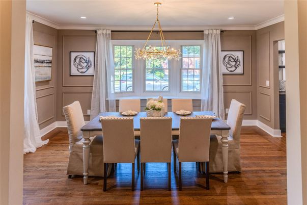 Dining room, Interior, Pendant Lights, Recessed Lighting, Wood Texture Flooring