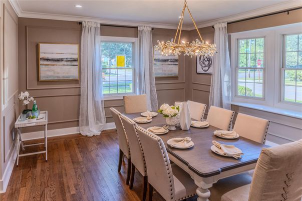 Dining room, Interior, Pendant Lights, Recessed Lighting, Wood Texture Flooring