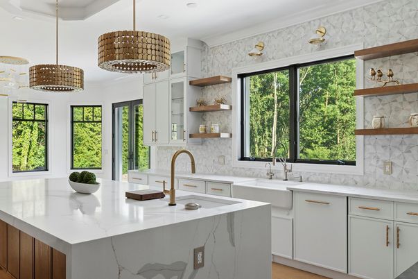 Interior, Kitchen, Marble Walls, Pendant Lights, Recessed Lighting, Wood Texture Flooring