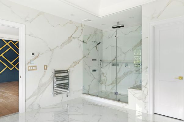 Bathroom, Glass Shower, Interior, Marble, Marble Walls, Wood Texture Flooring