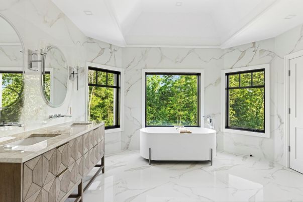 Bathroom, Dual Sink Vanities, Free Standing Baths, Interior, Marble, Marble Walls