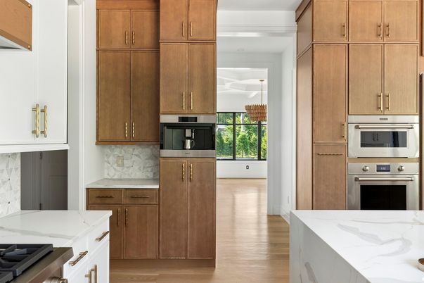 Chandelier, Interior, Kitchen, Marble Walls, Pendant Lights, Stainless Steel Appliances, Wood Texture Flooring