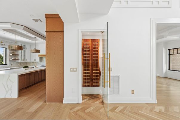 Interior, Kitchen, Pendant Lights, Wine Storage, Wood Texture Flooring