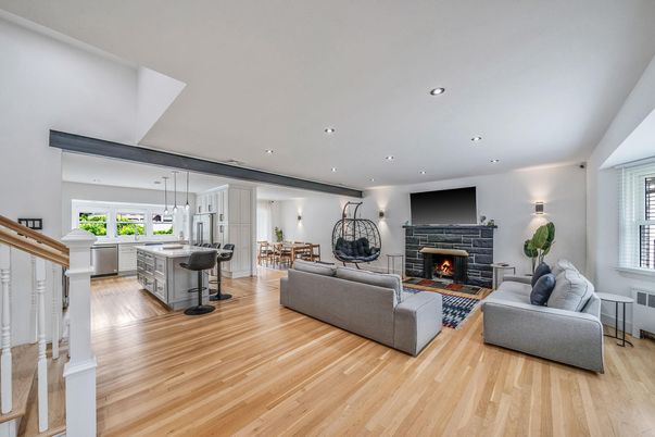 Dining room, Fireplace, Interior, Kitchen, Living room, Pendant Lights, Recessed Lighting, Wood Texture Flooring